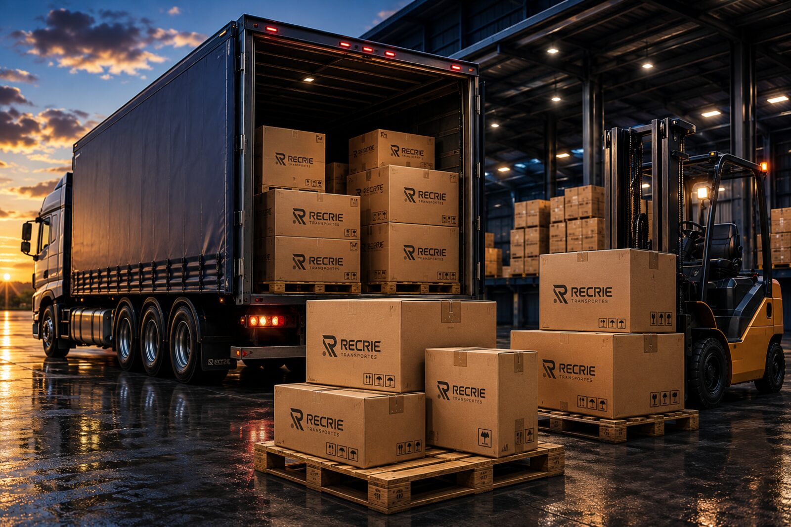 Caixas Recrie Transportes sendo carregadas em pallets