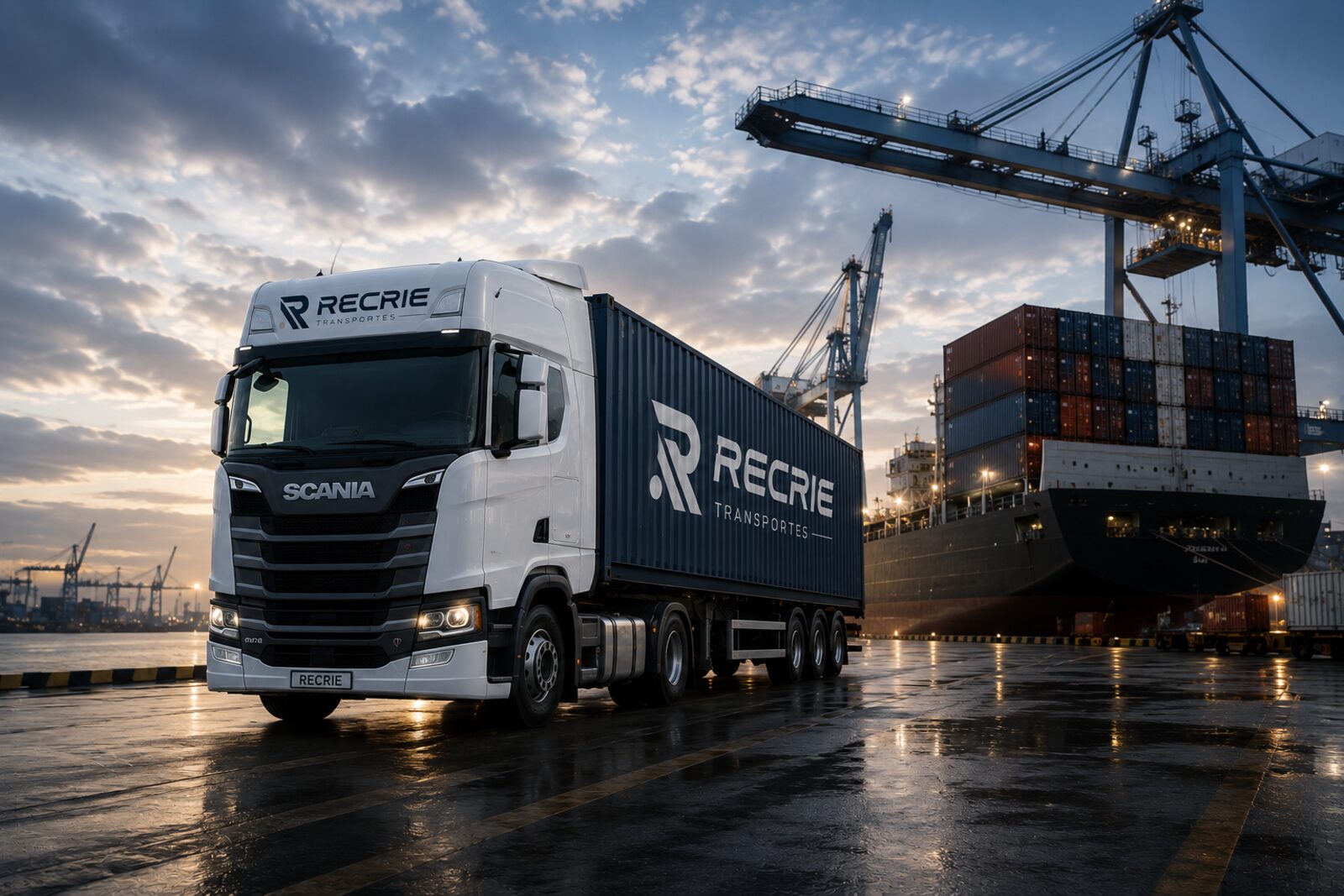 Caminhão Recrie transportando container no porto